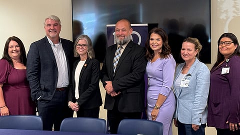 L to R: Garland County Smart Justice District Court Initiative Coordinator Sarah Stapleton; Restore Hope Executive Director Paul Chapman; Prosecuting Attorney for the 18th East Judicial District Michelle Lawrence; Garland County District Court Chief Administrator Chris Burrow; Smart Justice District Court Initiative Manager Janet Hawley; Chief Operating Officer of Ouachita Behavioral Health and Wellness Susan Smith; and Garland County 100 Families Initiative Coordinator Melissa Capuano