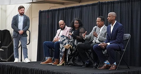 Executive Director Lance Villio (left) of the Tennessee Governor's Faith-Based and Community Initiative moderates a panel featuring state officials, including Assistant Commissioner DeShawn Harris and Deputy Commissioner Karen Bryant of the Department of Children's Services, Deputy Commissioner Dewayne Scott of the Department of Labor and Workforce Development, and Assistant Commissioner Gary Wilson of the Department of Human Services.
