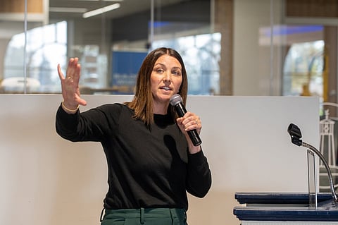 Sarah Johnson, coordinator of Thrive Iowa of Buena Vista County, spoke to a crowded room at Buena Vista College in Storm Lake during the official launch event on Monday, October 19.