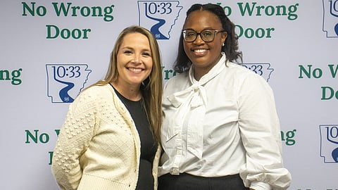 Crystal Regalado (Community Success Manager, Restore Hope) and Krystal Johnson (100 Families/10:33 Coordinator for Drew and Ashley County) celebrate the launch of the 10:33 Initiative of Ashley County.