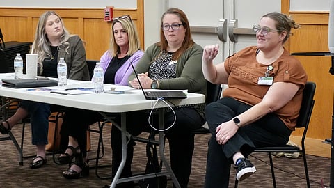 Panelists (left to right) Tess Willis, Family Advocacy Program Manager with Project Harmony; Carrie Potter, Program Manager for Shelter and Housing with Catholic Charities; Kelly Williams, Branch Manager at Community 1st Credit Union in Atlantic, Iowa; and Thrive Iowa of Cass County Coordinator Kristen Brooks speak about financial security and domestic violence. 
