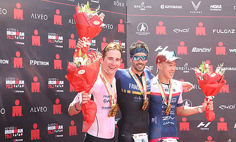 The men’s top three finishers of the Alveo Ironman 70.3 Davao held on March 26, 2023, at the Azuela Cove, Lanang, Davao City.
