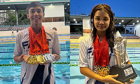 TOP DAVAO SWIMMERS IN UAAP. Davao City tankers Ivo Nikolai Enot (left) and Lora Micah Amoguis (right), representing Ateneo de Manila University (AdMU), secure the second positions in the overall junior boys and girls individual rankings of the recently concluded  University Athletic Association of the Philippines (Uaap) Season 86 swimming competition held at the Rizal Memorial Sports Complex in Manila.