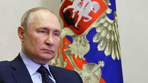 Russian President Vladimir Putin attends an event to hand over new equipment for public transport to 12 regions of Russia via videoconference at the Novo-Ogaryovo state residence outside Moscow, Russia, Monday, Nov. 20, 2023. 