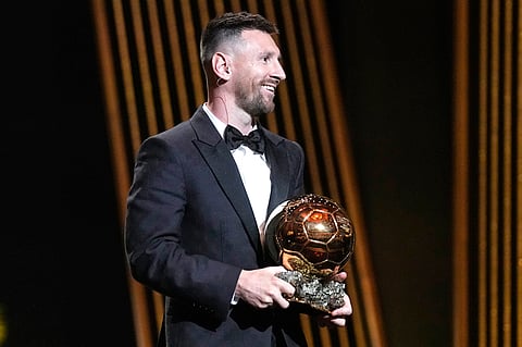 FOR THE BOOKS. Inter Miami's and Argentina's national team player Lionel Messi receives the 2023 Ballon d'Or trophy during the 67th Ballon d'Or (Golden Ball) award ceremony at Theatre du Chatelet in Paris, France, Monday, Oct. 30, 2023.