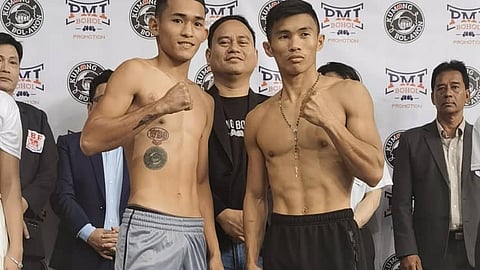 TITLE ELIMINATOR: Nagpahulagway sila si Jake Amparo (L) ug Pedro Taduran (R) human sa official weigh-in sa “Kumong Bol-anon XIII” boxing promotion sa Tagbilaran City, Bohol. Naa sa tunga mao ang promoter nga si Atty. Floriezyl Echavez Podot. / 