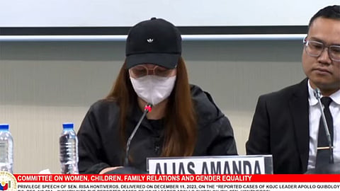 MANILA. Alias Amanda testifies before the Senate committee on women and children on Tuesday, January 23, 2024, the abuses she got from Kingdom of Jesus Christ under its leader Apollo Quiboloy.