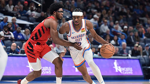 STAR. Oklahoma City Thunder guard Shai Gilgeous-Alexander, right, drives past Portland Trail Blazers guard Scoot Henderson during the second half of an NBA basketball game Thursday, Jan. 11, 2024, in Oklahoma City. 
