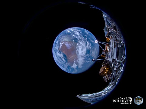 This image provided by Intuitive Machines shows its Odysseus lunar lander with the Earth in the background on Feb. 16, 2024. The image was captured shortly after separation from SpaceX's second stage on Intuitive Machines' first journey to the moon. 