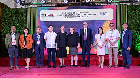 (From left) Philippine Association of State Universities and Colleges President Tirso Ronquillo, Department of Trade and Industry Assistant Secretary Leonila Baluyut, Department of Science and Technology Assistant Secretary Napoleon Juanillo, Second Congressional Education Commission Executive Director Karol Mark Yee, University of Santo Tomas Vice Rector for Academic Affairs Cheryl Peralta, USAID Deputy Assistant Administrator for East Asia and the Pacific Sara Borodin, USAID Philippines Mission Director Ryan Washburn, Commission on Higher Education Executive Director Cinderella Benitez-Jaro, Intellectual Property Office of the Philippines Director General Rowel Barba, and UPSKILL Chief of Party Richard Abendan.

