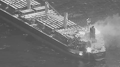 YEMEN. This black-and-white image released by the US military's Central Command shows the fire aboard the bulk carrier True Confidence after a missile attack by Yemen's Houthi rebels in the Gulf of Aden on Wednesday, March 6, 2024.