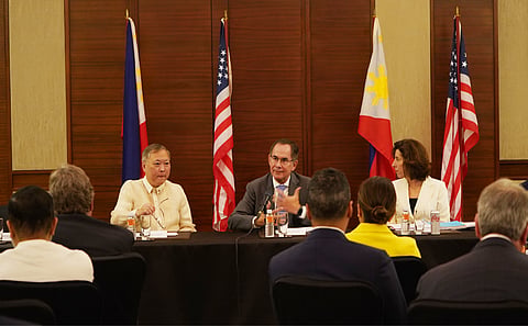 The Private Sector Advisory Council's lead convenor, Sabin Aboitiz, who is also the President and CEO of the Aboitiz Group (center), addresses the delegates of the Presidential Trade and Investment Mission, spearheaded by U.S. Secretary of Commerce Gina Raimondo (right). Joining them is the Department of Information and Communications Technology Secretary, Ivan John Uy (left).