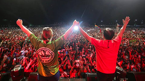 Then presidential and vice presidential candidates Ferdinand "Bongbong" Marcos Jr. and Sara Duterte in a political rally during the 2022 presidential elections.