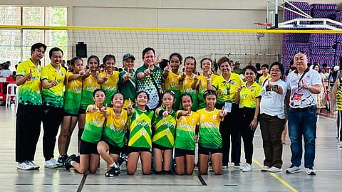 WE ARE THE CHAMPIONS. Davao City’s elementary girls' volleyball team secure the gold medal after beating Digos City in two straight sets in the Davao Region Athletic Association (Davraa) Meet 2024 at the Davao City-University of the Philippines (DC-UP) Mindanao Sports Complex at UP Mindanao on Friday, April 5. 