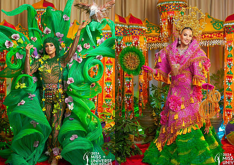Maria Isabel Pelayo of Davao City (Left) wearing 'Diwata Waling-waling' and  Johanna Puyod Yulod of Davao Region (Right) wearing 'Agila ug ApoDuWaling' during the national costume competition of Miss Universe Philippines 2024 on Sunday evening, April 28 in Sultan Kudarat.