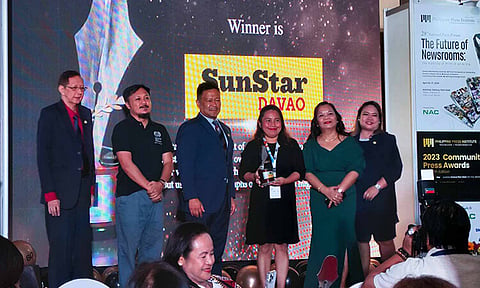 SUNSTAR DAVAO WINS 2 PPI AWARDS. SunStar Davao OIC editor-in-chief Cristina E. Alivio, fourth from left, accepts one of the two awards that the daily community newspaper received during the 2023 Civic Journalism Community Press Awards of the Philippine Press Institute (PPI) on Thursday, April 25, 2024, at Century Park Hotel, Manila. SunStar Davao bagged the Best in Photojournalism and Best in Environmental Reporting awards. 