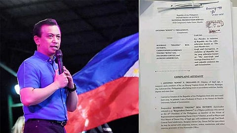 MANILA. Former senator Antonio Trillanes IV and a copy of the case he filed against former President Rodrigo Duterte and Senator Bong Go.