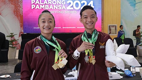 GOLDEN PAIR. Bhenz Rudolf Owen H. Semilla and Francheska Dezzly Darvin of Davao City, center, win give gold medals and one silver for Davao Region in the Palarong Pambansa 2024 dancesports competition in Cebu City. 