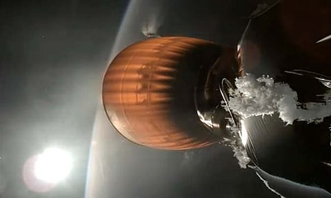This image from video provided by SpaceX shows the upper stage engine of a SpaceX Falcon 9 rocket, which blasted off from California on Thursday, July 11, 2024. The rocket, carrying 20 Starlink satellites, malfunctioned during the blast, leaving the company’s internet satellites in a precariously low orbit. 