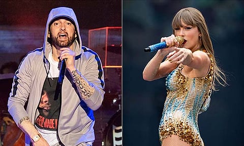 Eminem performs at the Bonnaroo Music and Arts Festival on June 9, 2018, left, and Taylor Swift performs at Wembley Stadium in London as part of her Eras Tour on June 21, 2024. Eminem’s 12th studio album, “The Death of Slim Shady (Coup de Grâce),” has debuted at No. 1 on the Billboard 200, unseating Taylor Swift’s “The Tortured Poets Department” after 12 weeks. 