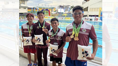 GOLDEN BOY. Davao City swimmer Paolo Miguel Labanon, right, secures the first two gold medals for Davao Region on Day 1 of the Palarong Pambansa 2024 swimming competition at the Cebu City Sports Center on Thursday, July 11. He also teamed with Neil Joaquin Tebar, Pietro Dominic Requiza, and Jabhari Dilangalen to claim the region's bronze medal in the secondary boys 4X50 medley relay event.  