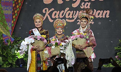 HIYAS SA KADAYAWAN 2024. Shane Marie B. Awe of Bagobo-Tagabawa (center) was crowned the Hiyas sa Kadayawan 2024, Muslima D. Limpao of Maranao (left) as Hiyas sa Panaghiusa 2024, and  Jane Rose G. Miones of Bagobo-Klata as Hiyas sa Kalambuan 2024, on Friday evening, August 16, at the RMC Petro Gazz Gymnasium.
