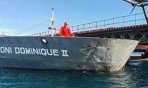 The "MT Toni Dominique 11," a motor tanker carrying 930 metric tons of coconut oil, collided with a temporary steel bridge on the Samal side of the Samal Island-Davao City Connector (SIDC) project or the Davao-Samal Bridge.