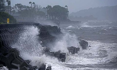 High waves hit a coastal area in Ibusuki, Kagoshima prefecture, western Japan, Wednesday, Aug. 28, 2024, as a typhoon is approaching.