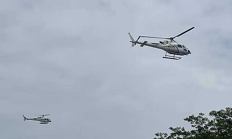 Two low-flying PNP helicopters circled the Kingdom of Jesus Christ (KOJC) compound, causing solar panels from the Jose Maria College Foundation, Inc. (JMCFI) building to fall from the rooftop on Friday, August 30, 2024.