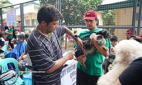 FREE VACCINATION. A pet owner holds his dog during a free anti-rabies vaccination event in a recent Barangayan Serbisyo Publiko (BSP). Organized by the City Mayor’s Office, the BSP aims to bring government services closer to residents. The Davao City Veterinarian’s Office (CVO) offers free services, including anti-rabies vaccinations and castration for cats and dogs. In September, the CVO will continue with similar activities in various barangays in the city.