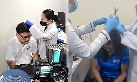 (Left) Incumbent Davao City First District Representative Paolo Duterte undergoing the hair follicle test at Mandaluyong City, (right) PBA Partylist Representative Atty. Margarita “Migs” Nograles undergoing the same test in Davao City.
