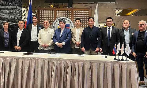 From left to right,  Philippine Sports Commission (PSC) Commissioner Bong Coo, Len Escollante, Richard Gomez, Bambol Tolentino, Atty Kalaw, Alvin Aguilar, Donaldo Caringal, Alexander Sulit, Dr. Canlas and Fr. Encarnacion. Declared through video call: Al Panlilio, Ferdinand “Ferdie” Agustin (judo), and Leah Gonzalez (fencing).