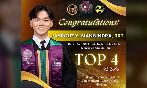 Jayrouz Yap Mangindra, a Davao Doctors College (DDC) graduate, placed fourth in the December 2024 Radiologic Technologist Licensure Examination (RTLE) with a score of 92.20 percent.