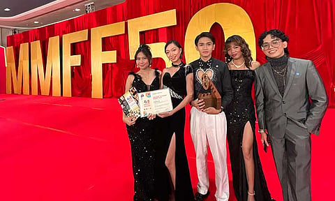 'DIVING' AT THE MMFF. The production team of Salom Productions of the University of the Philippines Mindanao (UPMin) attended the 2024 Metro Manila Film Festival (MMFF) Gabi ng Parangal on Friday, December 27, 2024 at the Solaire Grand Ballroom in Parañaque City. (From left:) Rachelle Baldonasa, Production Head; Hanzen Jornales, Director of Photography; Ryan Paolo Resuena, Director and Writer; Lara Felescoso, Assistant Production Head; and Dan Oledan, Lead Actor. Salom's entry, "PNB 12-50" clinched third place in the Best Student Short Film Competition at the 2024 MMFF.