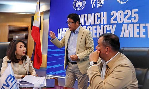 FIVB TASK FORCE MEETING. Philippine National Volleyball Federation president Ramon “Tats” Suzara (standing) confers with Tourism Secretary Christina Frasco (left) and PSC Chairman Richard Bachmann during the inter-agency task force meeting for the FIVB Volleyball Men’s World Championship Philippines 2025 hosting held on Monday, March 3, 2025, at the GSIS Conference Hall in Pasay City.