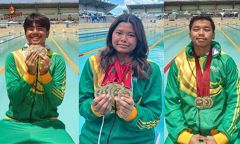 GOLD RUSH. Ateneo de Davao University’s Pietro Dominic and Stacey Bernice Requiza, alongside Juan Alessandro Suarez, powered Davao City’s dominance in the Davraa 2025 swimming competition, each hauling seven gold medals. The trio sealed their golden streak as the meet wrapped up at the Davao del Norte Sports and Tourism Complex in Tagum City on Thursday, March 13.