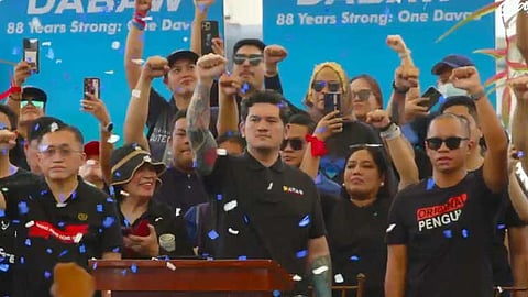 Mayor Sebastian Duterte raises his fists in solidarity with his father, former President Rodrigo Duterte, who is currently detained in The Netherlands over crimes against humanity charges filed before the International Criminal Court (ICC). The event took place at San Pedro Square in Davao City on Sunday morning, March 16, 2025.