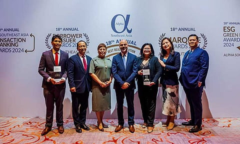 Photo shows DBP Senior Vice President Mario Rey T. Morales (second from left), DBP Senior Vice President Ana Marie E. Veloso (third from left), DBP Vice President Raquel C. Atienza (third from right), and DBP Senior Assistant Vice President Maria Eliza C. Galvan (second from right) receiving the Best Syndicated Loan Deal of the Year 2024 award on behalf of DBP. Also in photo are San Miguel Holdings Corporation Head of Treasury William Henry S. Timoteo (leftmost), Alpha Southeast Asia Chief Executive Officer and Publisher Siddiq Bazarwala (center), and Assistant Vice President for Special Projects John Patrick De Las Penas (rightmost).