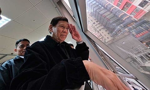 HEARTFELT SALUTE. Former President Rodrigo R. Duterte salutes overseas Filipino workers (OFWs) during a thanksgiving event at Southorn Stadium, Hong Kong, on March 9, 2025. Thousands gathered to show their support, with many unable to enter due to the overwhelming turnout.