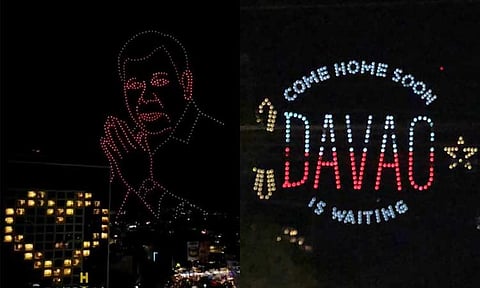 A drone presentation displaying the face of former President Rodrigo Duterte lit up the sky on Friday evening, March 28, 2025 in Davao City. Thousands of supporters gathered along Roxas Avenue in Davao City and in various locations worldwide to celebrate Duterte’s 80th birthday and express their support.