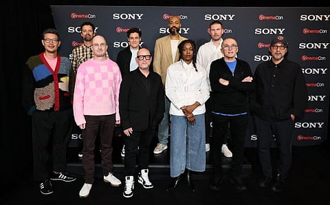 (Top row l to r) Bob Persichetti (director, Spider-Man: Beyond the Spider-Verse), Phil Lord (producer, Spider-Man: Beyond the Spider-Verse),Tyree Dillihay (director, GOAT), Zach Cregger (director, Resident Evil). (Bottom row l to r) Destin Daniel Cretton (director, Spider-Man: Brand New Day), Darren Aronofsky (director, Caught Stealing), Justin K. Thompson (director, Spider-Man: Beyond the Spider-Verse), Nia DaCosta (director, 28 Years Later: The Bone Temple), Danny Boyle (director, 28 Years Later), Kogonada (director, A Big Bold Beautiful Journey) at CinemaCon 2025 for Sony Pictures.  