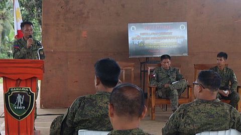 ZAMBOANGA. The 1102nd Infantry Brigade (1102Bde) installs Technical Sergeant Luisito (on the podium) Leones as the new brigade Sergeant Major, whose tasks is to serve as an adviser to the commander on matters related to enlisted personnel. Colonel Alex Gagula, deputy commander of 1102Bde (seated, left), led the installation ceremony on Monday, April 21, 2025, at Campo AKA that houses the brigade headquarters in Bual village, Luuk, Sulu. (SunStar Zamboanga)  
