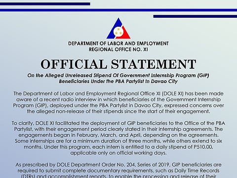 Dole-Davao clarifies issues 
on internship stipend delay