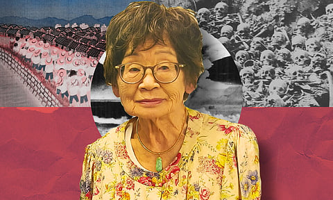 Katsuko Kuwamoto, the atomic bombing survivor in Hiroshima, Japan, on August 6, 1945, points to a map showing the location where the bomb was dropped. Top right, Ms Kuwamoto shows an illustration of how the victims of the atomic bombing looked when they scrambled for safety, and the bottom right photo shows an illustration of how the people looked when the atomic bomb was dropped.