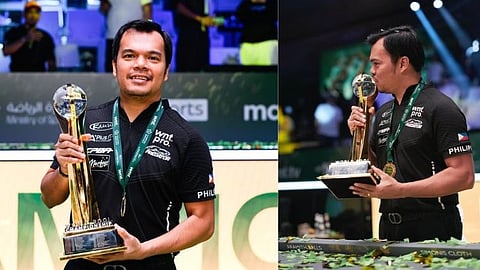 CARLO BIADO’S HISTORIC WIN. Filipino cue star Carlo Biado beams with pride after clinching a hard-fought 15–13 win over Fedor Gorst to reclaim the World 9-Ball Championship title Sunday morning (Philippine time)  in Jeddah, Saudi Arabia—making history as the first Filipino to win two world 9-ball crowns.