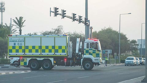 STRIKE SITE. An ambulance is seen near the site of an Israeli airstrike in Doha, Qatar, Sept. 9, 2025. Israel launched an unprecedented airstrike in the Qatari capital of Doha on Tuesday, targeting a building used by senior Hamas officials in what Israeli authorities described as an attempt to assassinate leaders of the group. / 