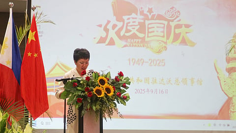 Chinese Consul General Zhao Xiuzhen delivers her keynote message during the  76th founding anniversary of the People’s Republic of China at the SMX Convention Center in Lanang, Davao City. She underscored that this year also marks the 50th year of the diplomatic ties between China and the Philippines.