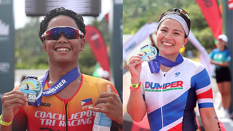 Eryk Omandam and Natasha Doromal-Lim proudly display their finisher medals after dominating the Damosa Land 5150 Samal Triathlon held Sunday, September 21, 2025, in Island Garden City of Samal. 