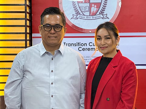Left, incoming Holy Child College of Davao president Pol Allan D. Leuterio with outgoing president Vikki Lou Leuterio Manalo during the leadership turnover ceremony.
