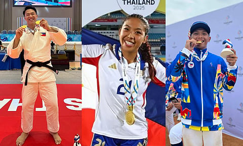 SEA GAMES CHAMPIONS. From left, judoka Chino Sy Tancontian (two gold medals), footballer Mary Louise “Mallie” Ramirez (one gold),  and national baseball team rookie James Vincent Nisnisan (one gold) shine in the recently concluded  33rd Southeast Asian (SEA) Games in Thailand.